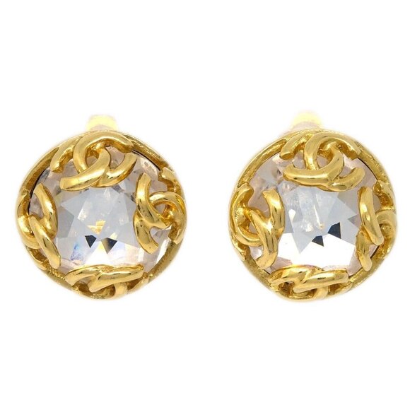 Chanel Gold Button Earrings Clip-On Rhinestone - Picture 1 of 4